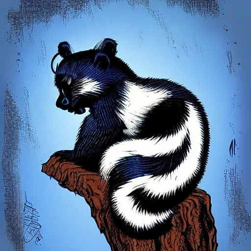 Prompt: a skunk that is blue by richard corben style