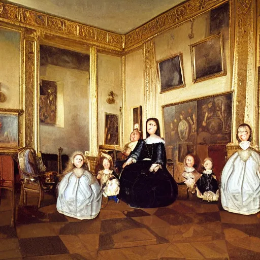 Image similar to extremely detailed oil painting of a family portrait in the main room of the castle painted in 1 6 5 6, dark room, one point of light coming through the window inspired by las meninas, clear spaces between each subject and good detail and realistic eyes, faces for each person, extreme perspective, textured photo - realism, inspired by diego velasquez better quiality