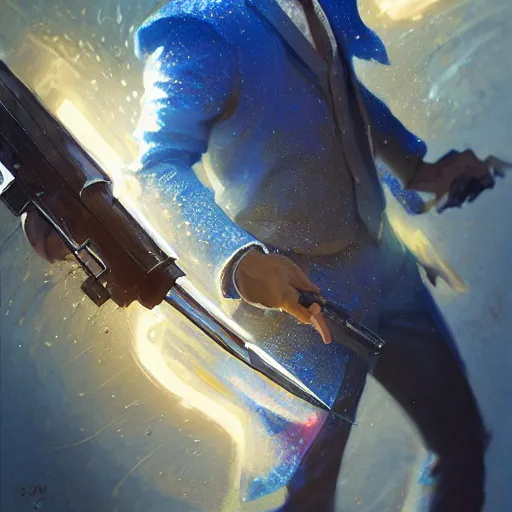 Image similar to a man in a blue suit wielding a jeweled sword and a pistol, fantasy, digital painting, volumetric light, intricate, sharp, focus, bloom, illustration, highly detailed, concept art, matte, ruan jia, randy vargas, greg rutkowski