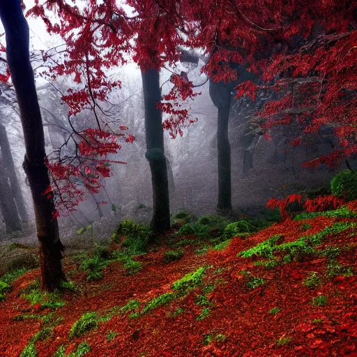 Prompt: a realistic red and Black Forest with fog