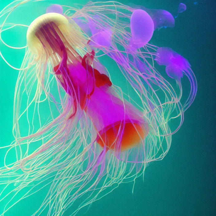 Prompt: a luminescent deep ocean ribbon jellyfish, cestum veneris, playing a vintage stratocaster, underwater photography : : - n 6