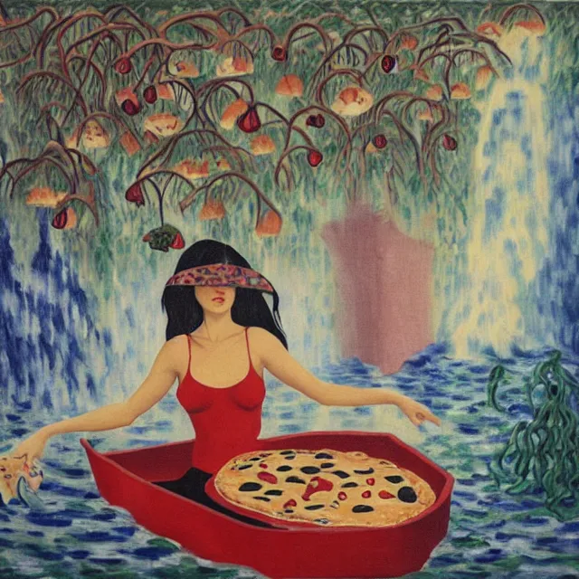 Image similar to tall female catgirl artist holding pizza in her flooded apartment, pomegranates, octopus, water gushing from ceiling, painting of flood waters inside an artist's apartment, a river flooding indoors, mushrooms, ikebana, zen, rapids, waterfall, black swans, canoe, berries, acrylic on canvas, surrealist, by magritte and monet