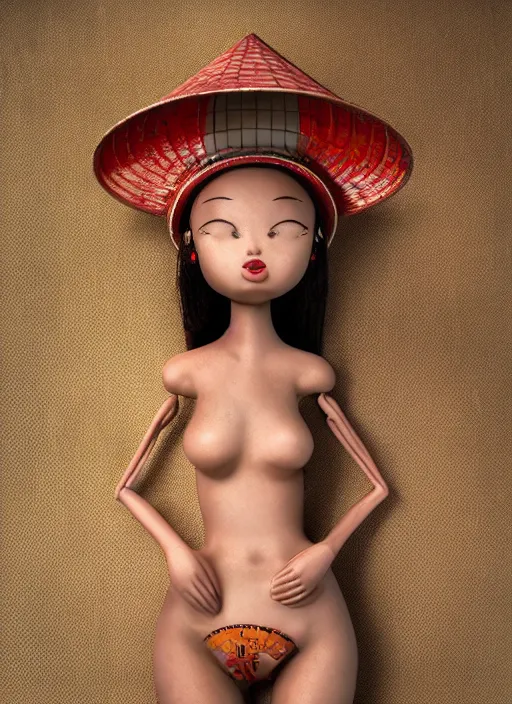 Image similar to closeup portrait of tin toy girl, rice hat, vietnam bikini, depth of field, zeiss lens, detailed, symmetrical, centered, fashion photoshoot, by nicoletta ceccoli, mark ryden, lostfish, breathtaking, 8 k resolution, extremely detailed, beautiful, establishing shot, artistic, hyperrealistic, octane render
