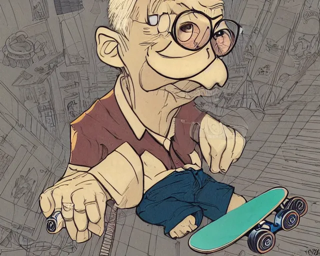 Image similar to a study of cell shaded cartoon of the old man from up on a skateboard, illustration, wide shot, subtle colors, post grunge, concept art by josan gonzales and wlop, by james jean, Victo ngai, David Rubín, Mike Mignola, Laurie Greasley, highly detailed, sharp focus, alien, Trending on Artstation, HQ, deviantart, art by artgem