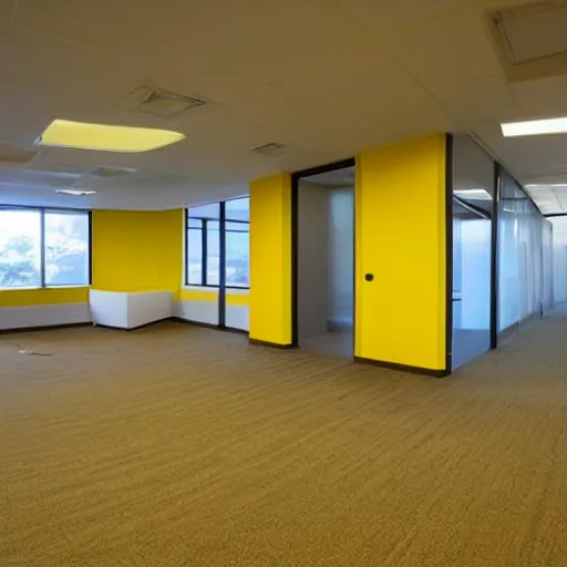 Prompt: lonely office room with nothing in but yellow walls, beige carpet and tiled ceiling