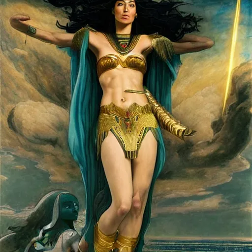 Image similar to Full body oil painting of the beautiful goddess Gal Gadot as Cleopatra, she is wearing egyptian clothes and a surreal ornate, her hair is natural disheveled, she is approaching heaven over the clouds, Anubis is behind her, naturalism, dramatic lighting, high-detailed oil painting by Ilya Repin, Michelangelo da Caravaggio, William Blake, Alex Grey and Beksinski, trending on Artsation, hystorical painting, naturalism, masterpiece, 4k, 8k,