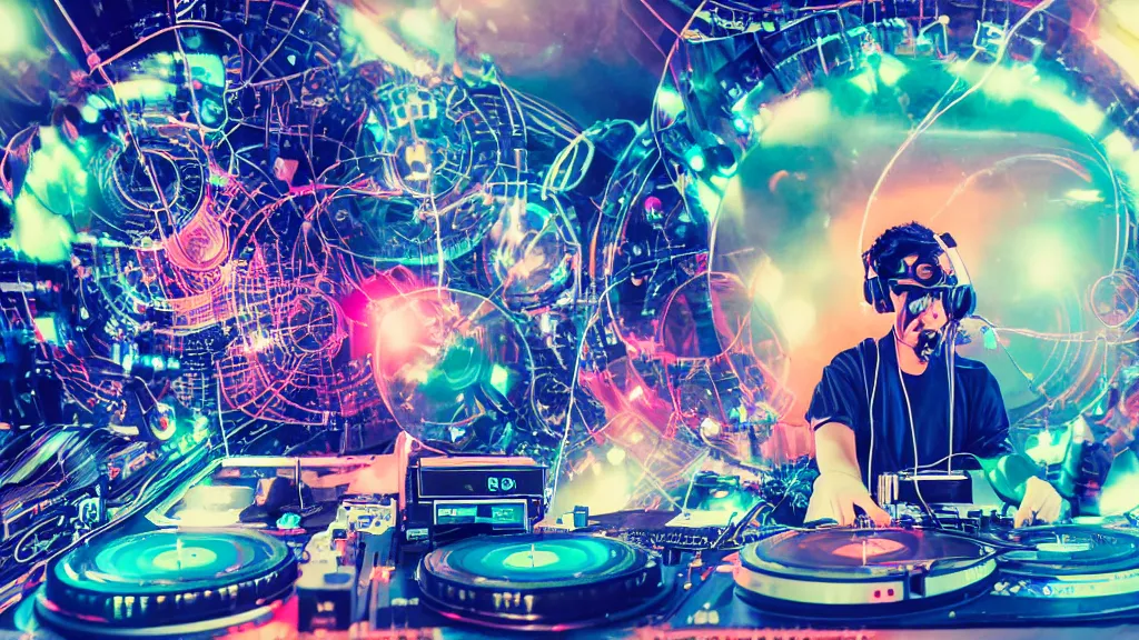 Image similar to a person wearing goggles and visor and headphones using a retro record player contraption, wires and tubes, turntablism dj scratching, intricate planetary gears, cinematic, imax, sharp focus, leds, bokeh, iridescent, black light, fog machine, hazy, lasers, hyper color digital art