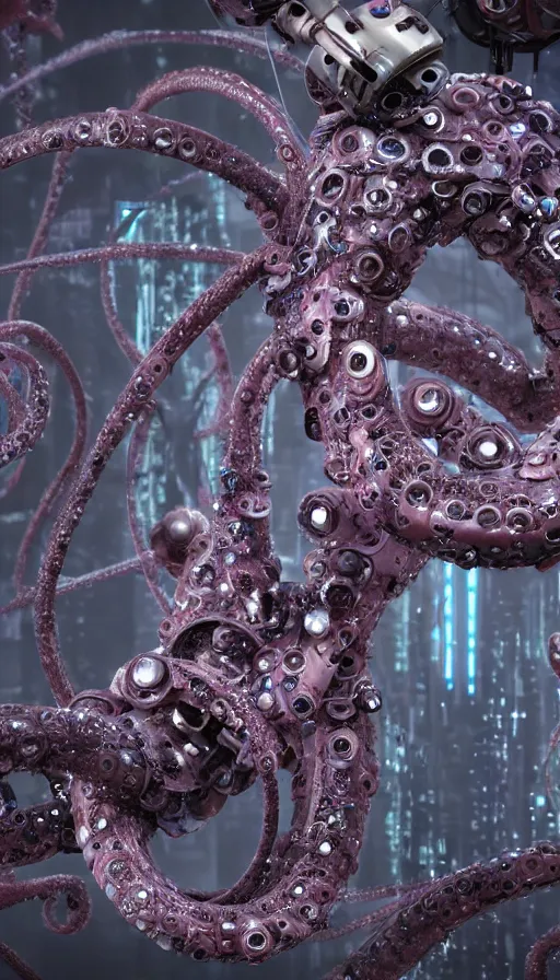 Image similar to a single bio mechanical tentacle, robotic but also organic, made up of lots of small parts, wet, shiny, horror, clinical, cyberpunk, vaporwave, futuristic, octane render, 8k, hyper realistic, super detailed