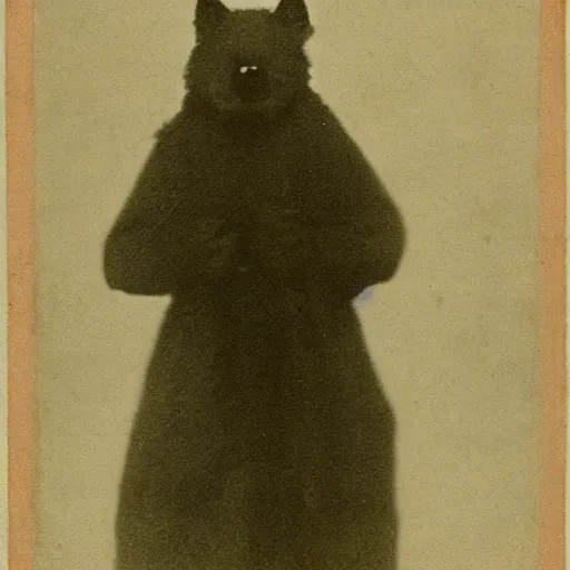 Image similar to a creepy photograph of a furry from the early 1 9 th century