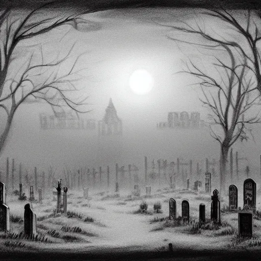 Image similar to an endless eerie graveyard with ancient tombstones, misty, strands of fog, catacomb in background, frame is flanked by dark trees, creepy, night, finely detailed black and white pencil drawing