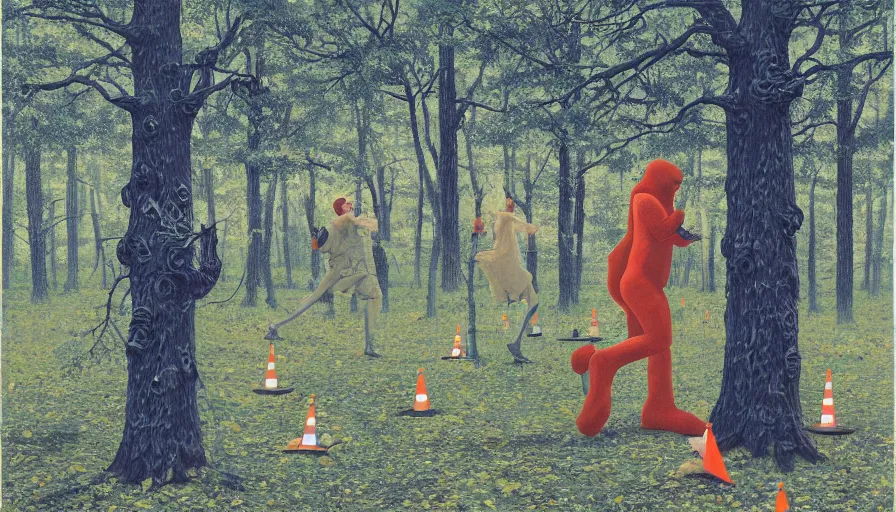 Image similar to safety cones scattered around an oak tree forest, man in bigfoot costume in the distance dancing, by james jean by ilya kuvshinov kintsugi, hyper detailed surrealist painting