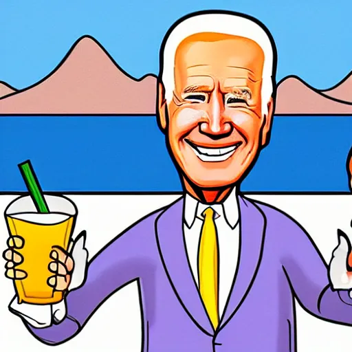 Image similar to cartoon drawing of Biden and Trump together drinking a lemon drink with Rio de Janeiro mountains on the background