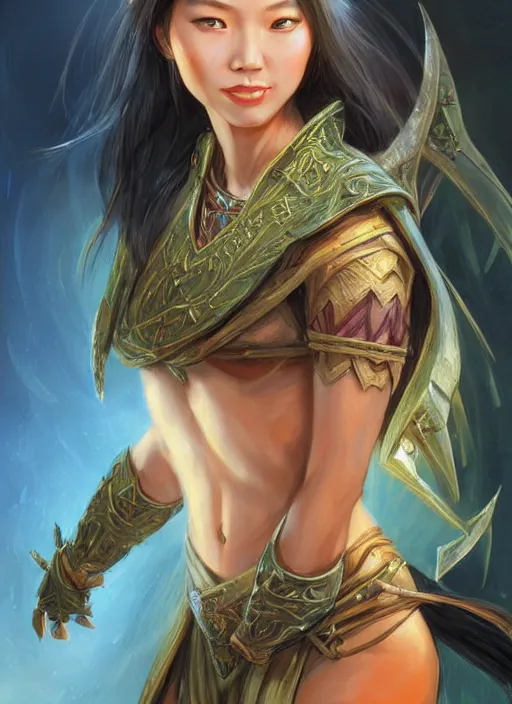 Image similar to asian human female, ultra detailed fantasy, dndbeyond, bright, colourful, realistic, dnd character portrait, full body, pathfinder, pinterest, art by ralph horsley, dnd, rpg, lotr game design fanart by concept art, behance hd, artstation, deviantart, hdr render in unreal engine 5
