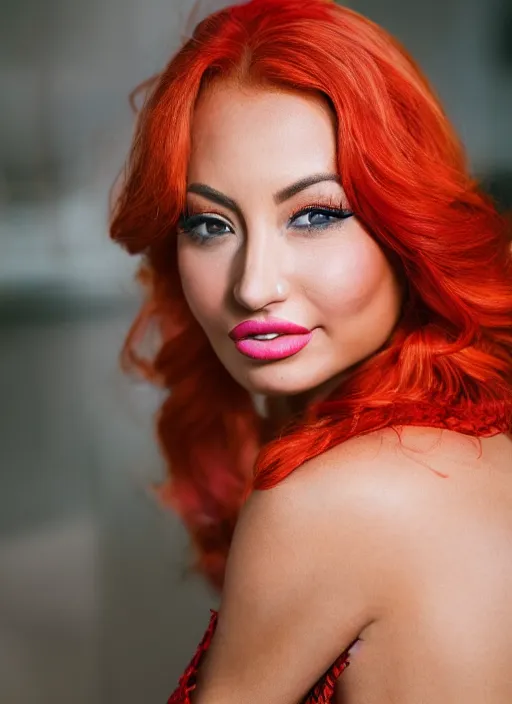 Image similar to portrait of lindsey pelas wearing kebaya with red hair, by charlotte grimm, natural light, detailed face, canon eos c 3 0 0, ƒ 1. 8, 3 5 mm, 8 k, medium - format print