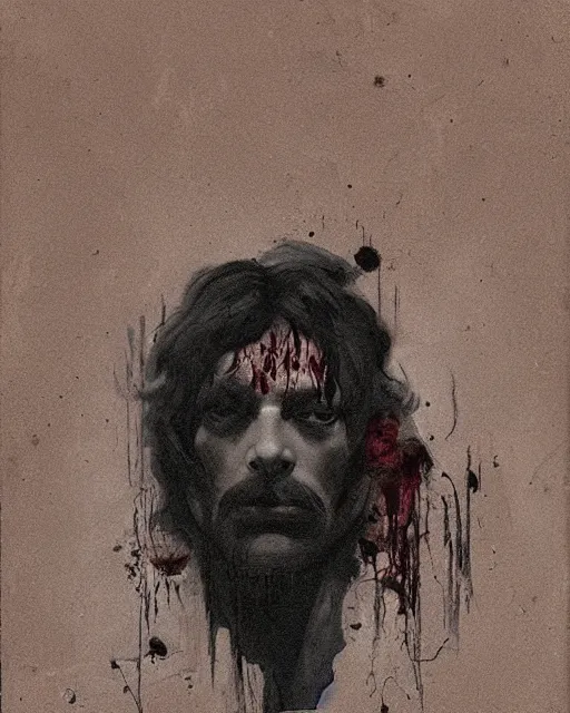 Prompt: a handsome but sinister and creepy man in layers of fear, with haunted eyes, violence in his eyes, 1 9 7 0 s, seventies, delicate embellishments, a little blood, crimson, painterly, offset printing technique, by alexandre cabanel