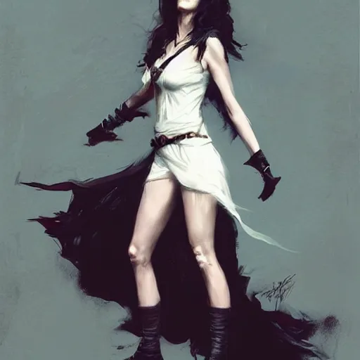 Image similar to eva green as yennifer, full body, dynamic pose, painted by greg rutkowski