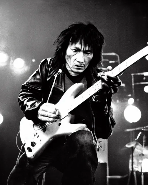 Image similar to sixty years old viktor tsoi with guitar in his hands, leather jacket, photo, microphone, rock concert, black and white, iso 9 0 0, 3 5 mm, kodak gold