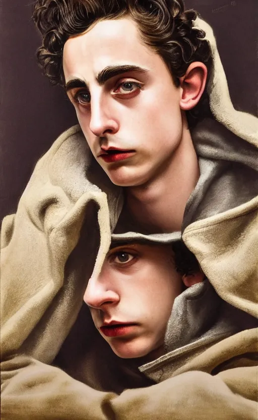 Prompt: Timothee Chalamet wearing hoodie, night time, looking at his reflection, +++ super super super dynamic posing, j.c. leyendecker, Valentina Remenar, kodachrome, thick eyebrows, super serious facial expression