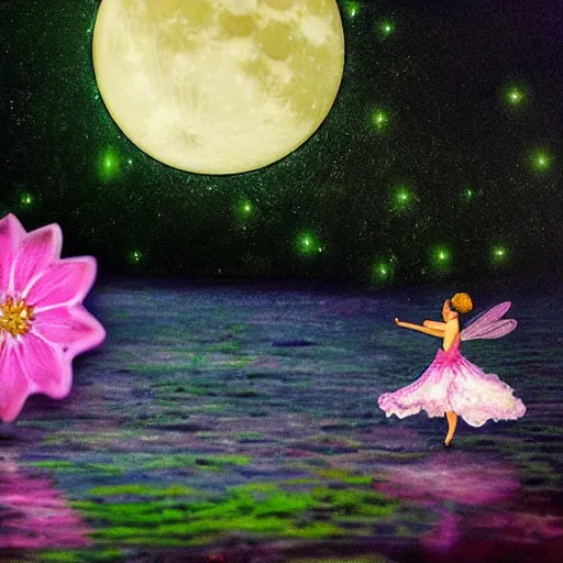 Prompt: A flower and magical fairy dancing in a river with de moon glow in the background