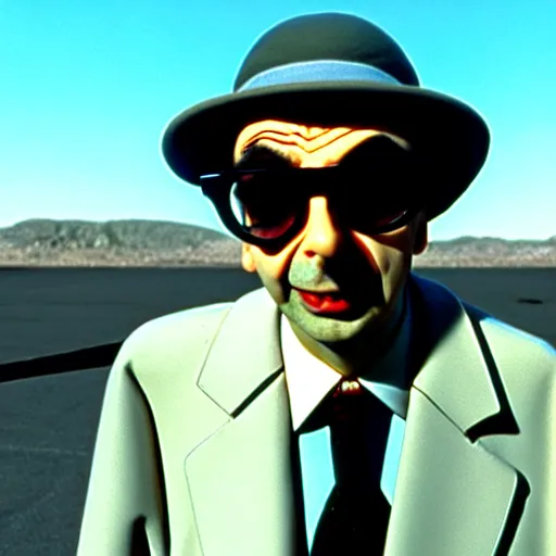 Image similar to mr. bean as raul duke from the fear and loathing in las vegas movie. movie still. cinematic lighting.