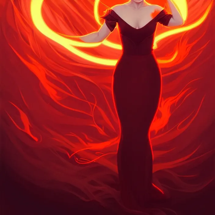 Image similar to style artgerm, joshua middleton, beautiful kristen bell with dark red dress, very long orange hair, symmetrical face, symmetrical eyes, fire powers fire swirling, detailed, volcano setting, cinematic lighting