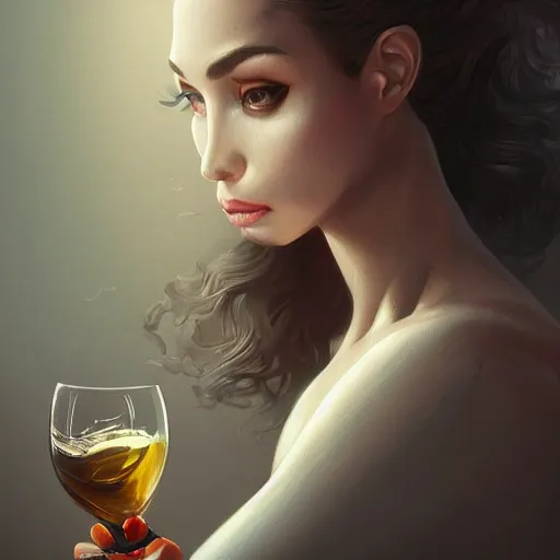 Prompt: an insanely detailed portrait of a beautiful woman looking at you, she is biting her bottom lip and sitting on a large sofa, she holds a glass of wine, in the style of peter mohrbacher, artgerm, dramatic lighting and composition, octane render, trending on artstation, concept art 8 k