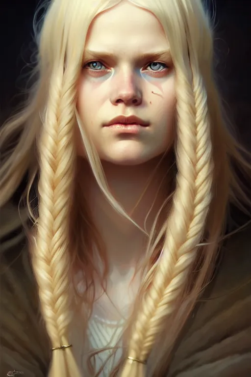 Image similar to Close-up portrait of young nordic girl, long blonde hair, dark fantasy, portrait, highly detailed, digital painting, artstation, concept art, sharp focus, illustration, art by artgerm and greg rutkowski and alphonse mucha