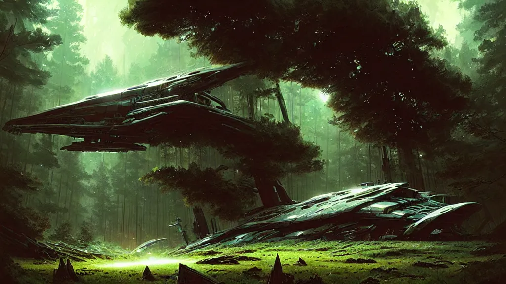 Image similar to a giant spaceship wrecked and lost in the forest, detailed digital art by greg rutkowski.