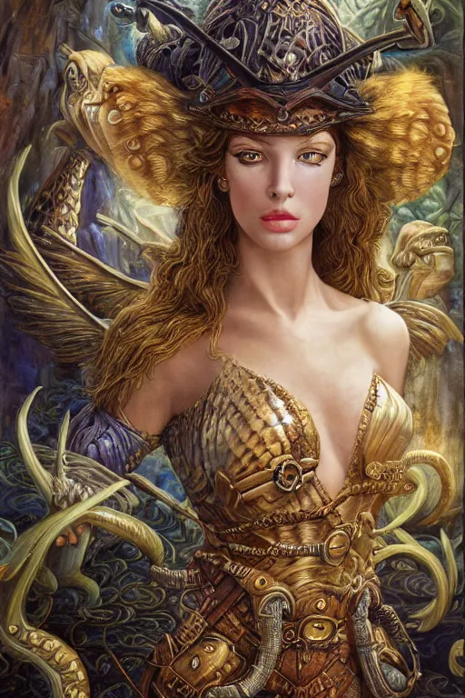 Image similar to Mystical Valkyrie, Portrait of a beautiful female Atlantean Reptilian Warrior, Realistic, Regal, Refined, Detailed Digital Art, Michael Cheval, Walt Disney (1937), François Boucher, Oil Painting, Steampunk, Highly Detailed, Cinematic Lighting, Unreal Engine, 8k, HD