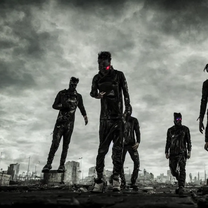Prompt: starset band standing on the streets in an apocalyptic ruined distopian future city in an epic cinematic shot, with red haze, performing a music video, detailed faces, stunning realism