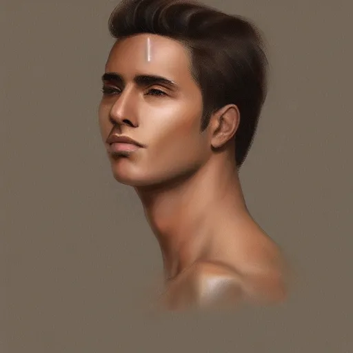 Image similar to ethereal aesthetic painting of a beautiful man with tan skin and short dark hair, clean shaven, angelic, 4k, trending on artstation