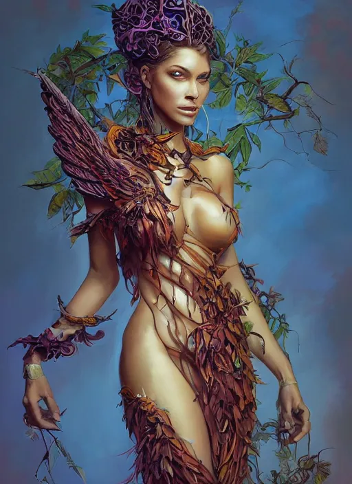 Prompt: formal portrait of beautiful jungle goddess, painted by jesper ejsing. fantasy, sci - fi, v - neck dress made entirely of vines, wings, intricate detail, romanticism, vivid color scheme, studio lighting, artstation