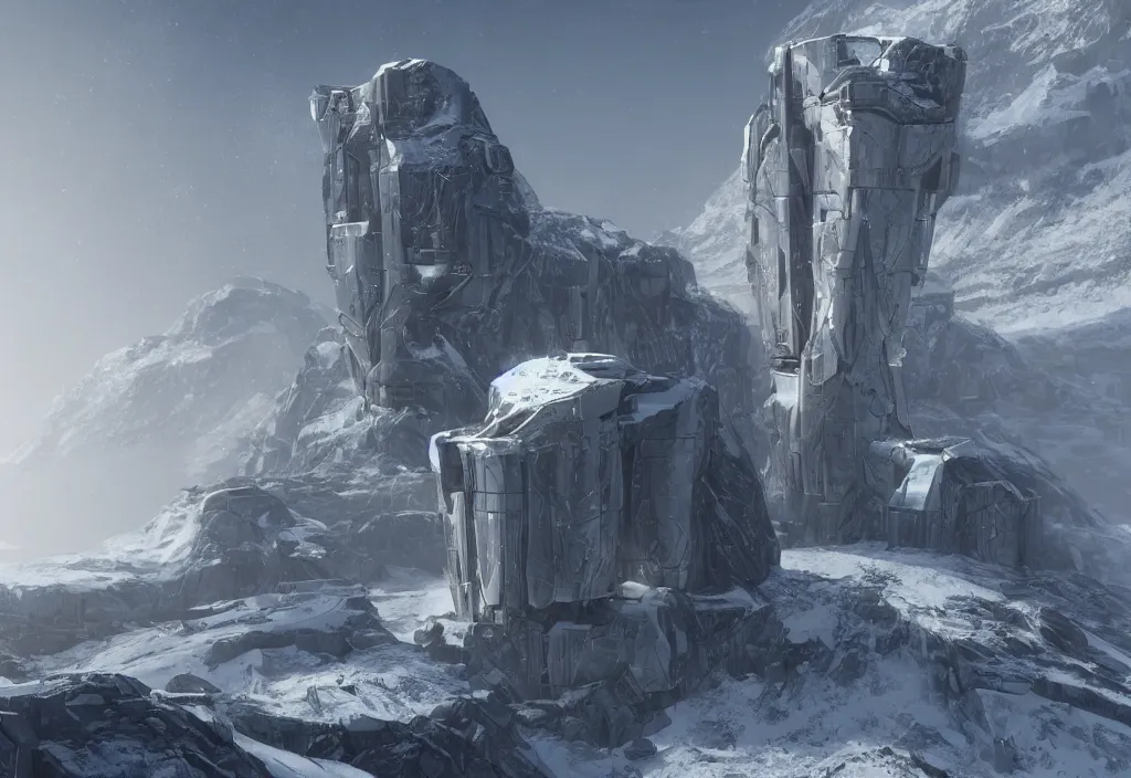 Prompt: single brutalist modern concrete and metallic tower on a cold, snowy hill overlooking a massive frozen ocean. Concept art, star citizen.