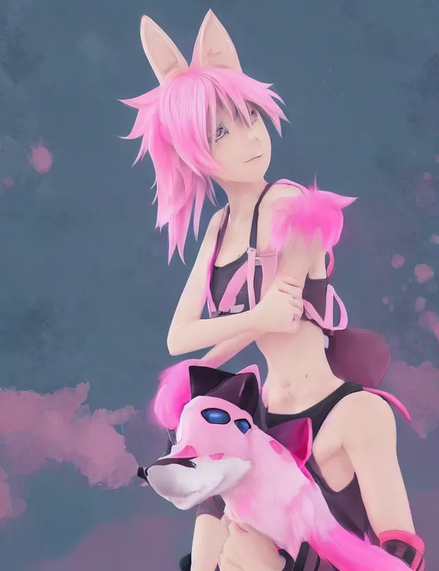 Image similar to cute anime boy with pink hair and pink wolf ears and pink wolf tail wearing stylish clothes. very detailed digital painting, trending on artstation, octane render, random artists