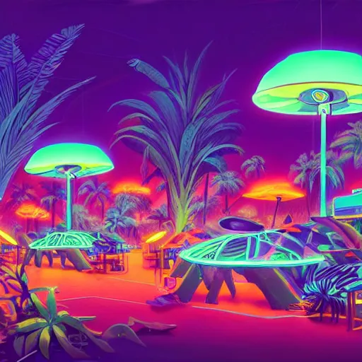 Prompt: a bioluminescent neon tropical market by paolo eleuteri serpieri and tomer hanuka and chesley bonestell and daniel merriam and tomokazu matsuyama, unreal engine, high resolution render, featured on artstation, octane, 8 k, highly intricate details, vivid colors, vector illustration