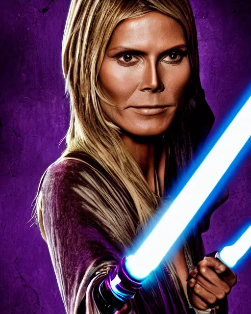 Prompt: heidi klum as a jedi with ripped and damaged clothes holding a purple lightsaber in her hands, very dark background, official star wars episode xii movie poster, perfect symmetrical face, moody lighting, 8 k, shallow depth of field, intricate detail,