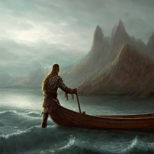 Image similar to viking in boat landscape photprealism ultradetailed digital art, irina french, heraldo ortega, mandy jurgens, golden ratio, art canvas, award winning, masterpiece trending on artstation 8 k 1 5 0 mpx