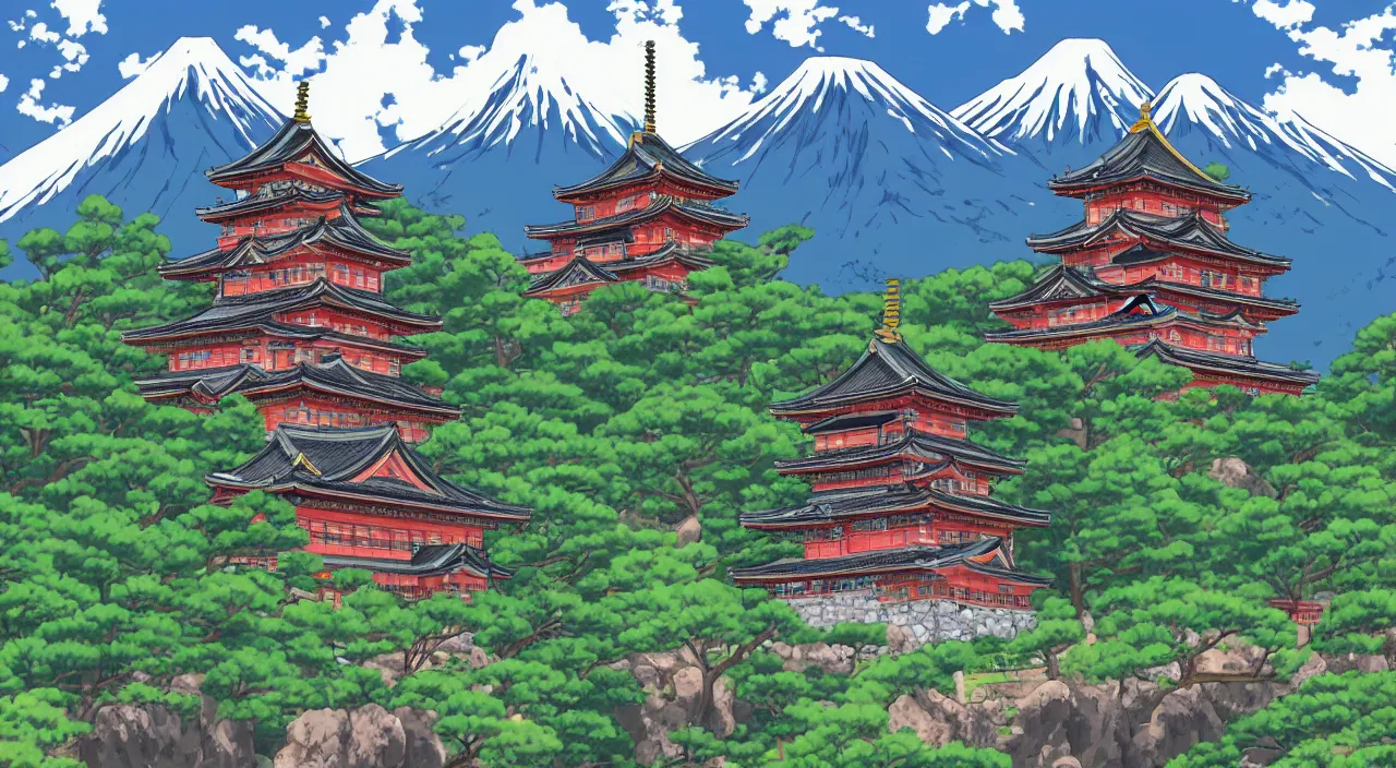 Prompt: a Japanese castle, with a garden as foreground, with mountains as background, in the style of anime