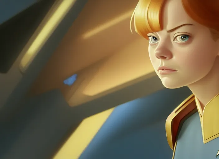 Image similar to a disney film still of emma stone as a star trek officer, finely detailed features, closeup of the face, perfect art, dusk, blue hour, gapmoe yandere grimdark, trending on pixiv fanbox, painted by greg rutkowski, makoto shinkai, takashi takeuchi, alphonse mucha, akihiko yoshida