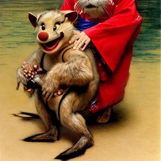 Prompt: a portrait of a splinter hamato yoshi wearing a red kimono, hairy, feet, tail. highly detailed painting by gaston bussiere, craig mullins, j. c. leyendecker, furry
