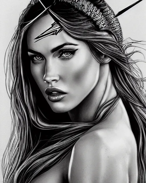 Image similar to portrait of beautiful megan fox as greek goddess aphrodite, archer, arrow on the head, beautiful piercing eyes, flowing blonde hair, realistic face, black and white drawing, in the style of greg rutkowski, fantasy, amazing detail, epic, intricate, elegant, smooth, sharp focus