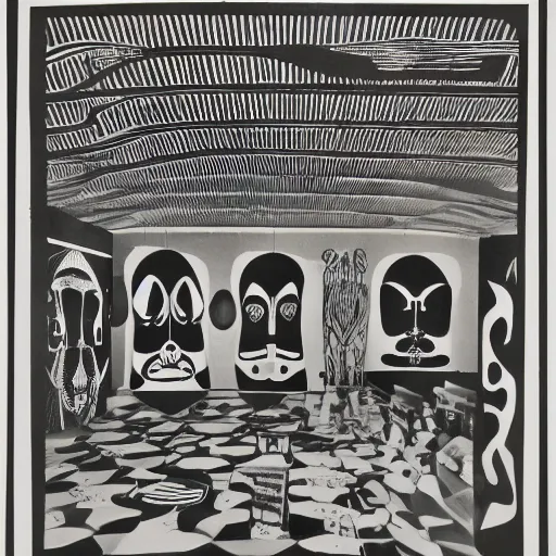 Image similar to A black and white screen print of gallery exhibition view from the 60s, anthropology, colonial, wild, exotic, masks, ethnography, screen printing