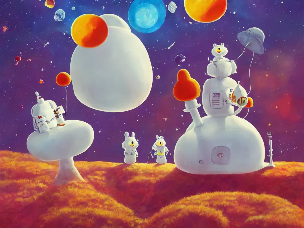 Image similar to moomins in a space suit discovering the mushroom planet, looking cute, photorealistic painting, movie still, warm colors, fluffy, cozy, low light, trending on artstation