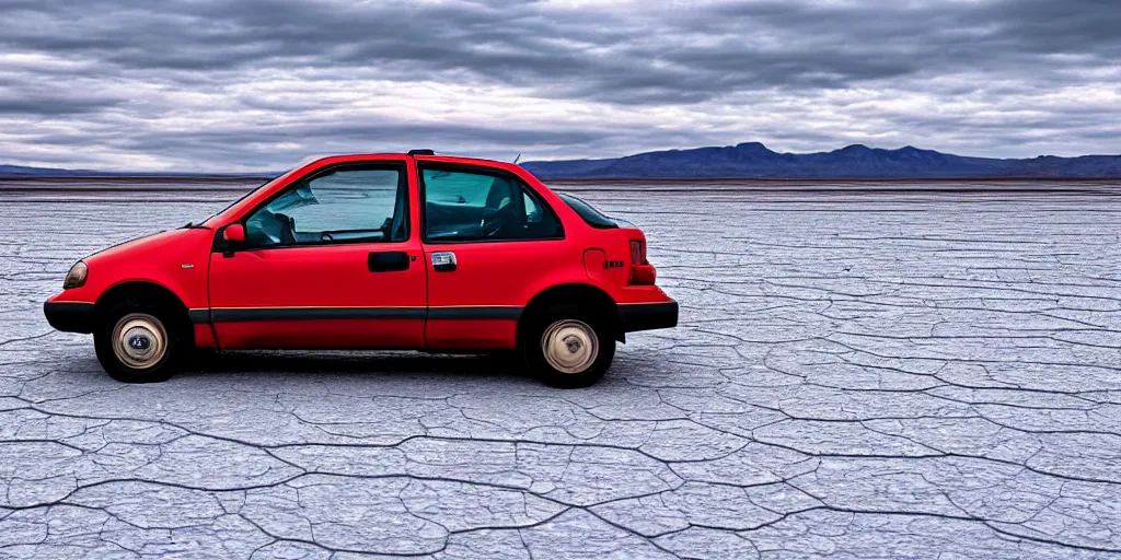 Prompt: a Geo Metro in a salt flat, auto photograph