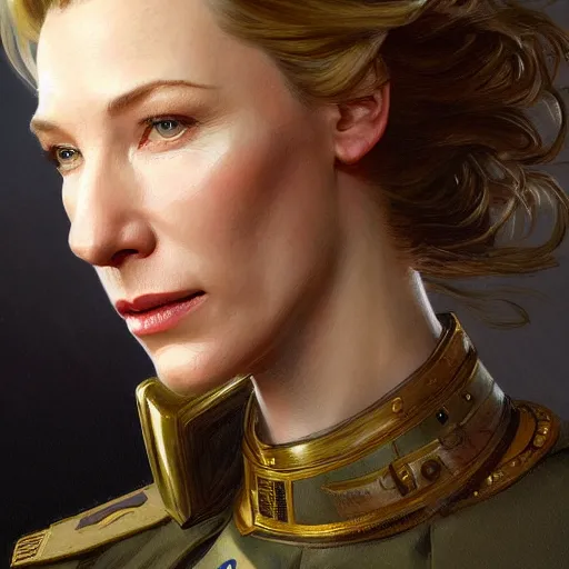 Image similar to Portrait of cate blanchett as a military officer, intricate, headshot, highly detailed, digital painting, artstation, concept art, sharp focus, cinematic lighting, illustration, art by artgerm and greg rutkowski, alphonse mucha, cgsociety