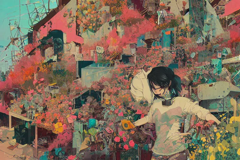 Image similar to a dystopic junkyard, detailed painting, overgrown with flowers, art by Sachin Teng, beautiful lush colors