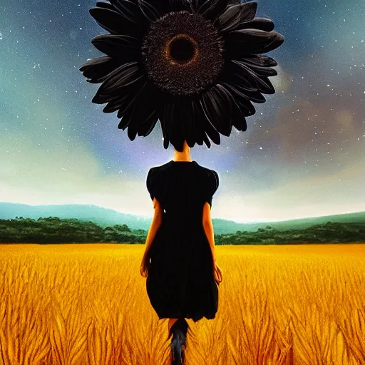 Image similar to giant black daisy flower over head, girl walking in wheat field, hills, surreal photography, dark night, star trails, dramatic light, impressionist painting, clouds, digital painting, artstation, simon stalenhag