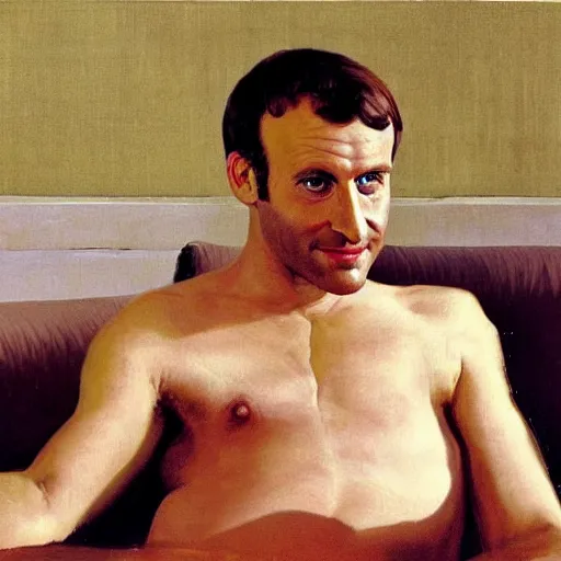 Image similar to emmanuel macron posing on a sofa, 1 9 7 0 living room, body hair, oil on canvas, by david hockney, bouguereau