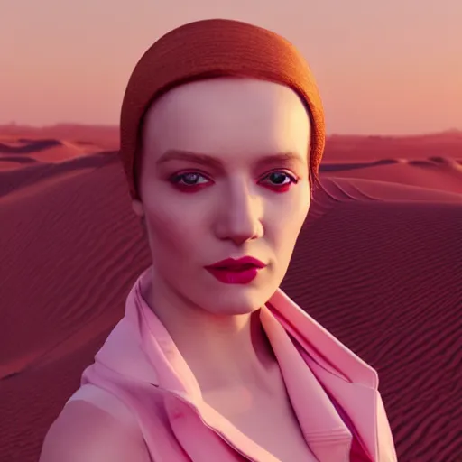 Image similar to innovative avant-garde art, deco fashion, british women, wearing pink, highly detailed, photorealistic portrait, serene desert setting, golden hour, crisp quality and light reflections, unreal engine 5 quality render