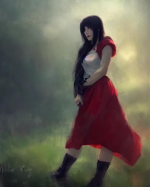 Image similar to tifa lockhart in a red cottagecore dress, portrait, illustration, rim light, top light, overcast cloudy weather, perfectly shaded, soft painting, art by krenz cushart, william turner and wenjun lin